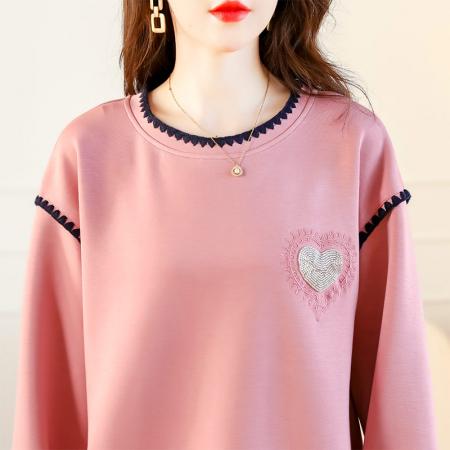 FA49732# 秋季圆领卫衣女秋新款欧洲宽松大码时尚洋气减龄钉珠上衣