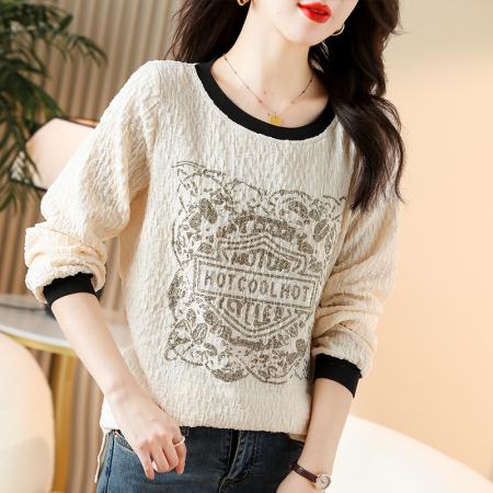 FA49733# 秋季撞色烫钻长袖T恤上衣宽松大码胖妹妹女欧洲站新款