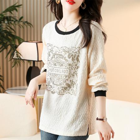 FA49733# 秋季撞色烫钻长袖T恤上衣宽松大码胖妹妹女欧洲站新款