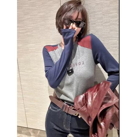 FA49735# 欧洲站秋季新款字母拼色长袖T恤女修身简约百搭打底衫上衣