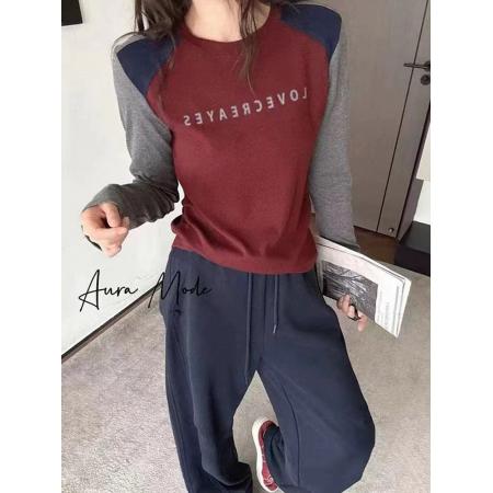 FA49735# 欧洲站秋季新款字母拼色长袖T恤女修身简约百搭打底衫上衣