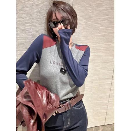 FA49735# 欧洲站秋季新款字母拼色长袖T恤女修身简约百搭打底衫上衣