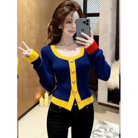 FA49740# 方领短款长袖修身内搭针织打底衫新款蓝色轻奢上衣女装