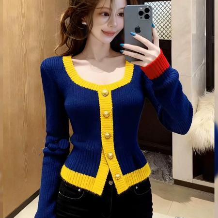 FA49740# 方领短款长袖修身内搭针织打底衫新款蓝色轻奢上衣女装