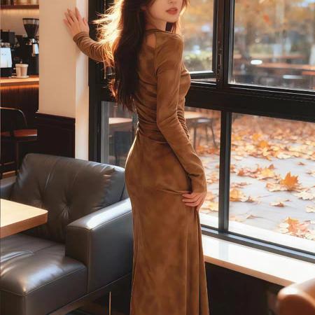 FA49741# 秋冬新款法式高级轻奢名媛连衣裙女装时尚收腰打底包臀长裙子