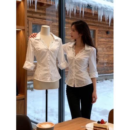 FA49743# 蕾丝拼接假两件欲辣妹v领鱼骨独特绝美衬衣 服裝批發女裝批發服飾貨源