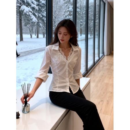 FA49743# 蕾丝拼接假两件欲辣妹v领鱼骨独特绝美衬衣 服裝批發女裝批發服飾貨源