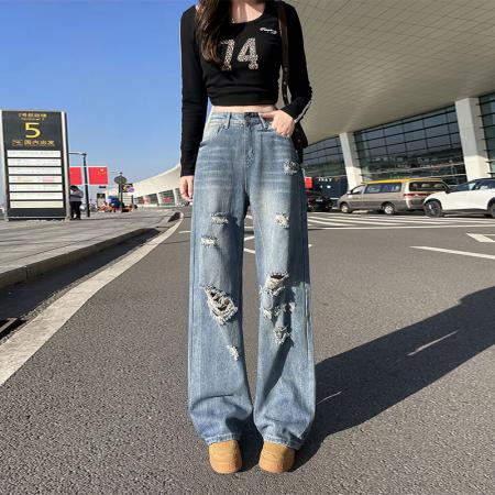 FA49744# -春秋美式复古破洞阔腿牛仔裤女高腰显瘦宽松直筒拖地裤子 服裝批發女裝批發服飾貨源