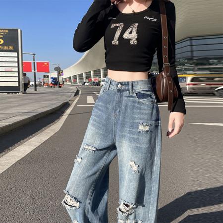 FA49744# -春秋美式复古破洞阔腿牛仔裤女高腰显瘦宽松直筒拖地裤子 服裝批發女裝批發服飾貨源