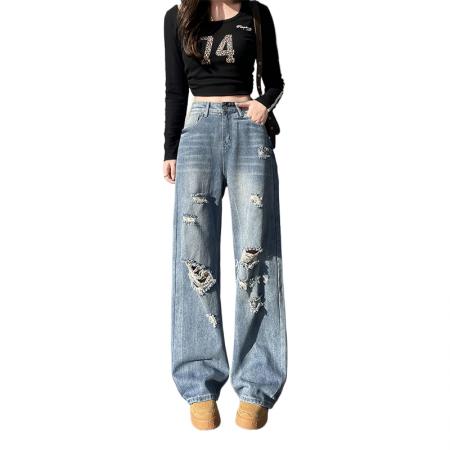 FA49744# -春秋美式复古破洞阔腿牛仔裤女高腰显瘦宽松直筒拖地裤子 服裝批發女裝批發服飾貨源