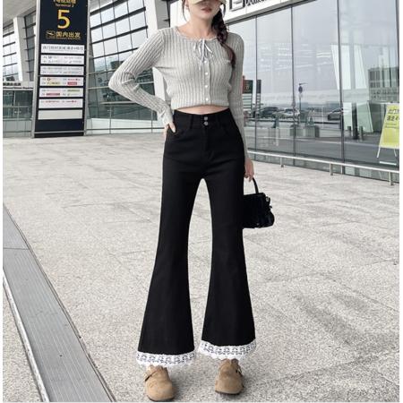 FA49747# -春秋蕾丝黑色微喇牛仔裤女高腰显瘦修身九分百搭喇叭裤女 服裝批發女裝批發服飾貨源