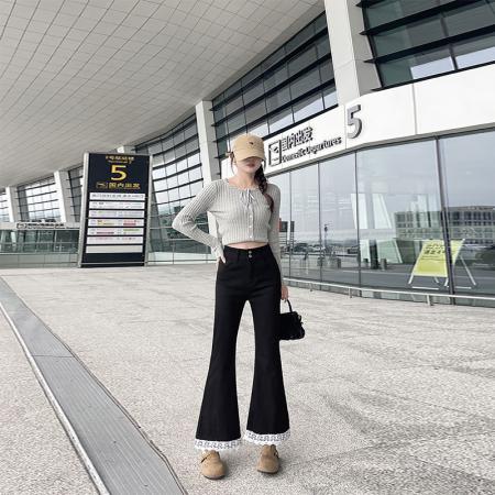 FA49747# -春秋蕾丝黑色微喇牛仔裤女高腰显瘦修身九分百搭喇叭裤女 服裝批發女裝批發服飾貨源