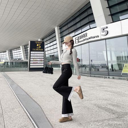 FA49747# -春秋蕾丝黑色微喇牛仔裤女高腰显瘦修身九分百搭喇叭裤女 服裝批發女裝批發服飾貨源