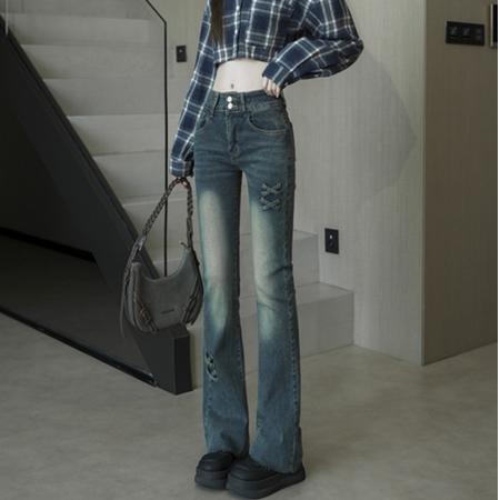 FA49749# -春秋微喇牛仔裤美式显瘦高腰设计感蝴蝶结大码胖mm喇叭裤子 服裝批發女裝批發服飾貨源