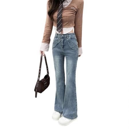 FA49750# -春秋微喇叭阔腿时尚显瘦牛仔裤女大码胖mm低腰垂感拖地裤子 服裝批發女裝批發服飾貨源