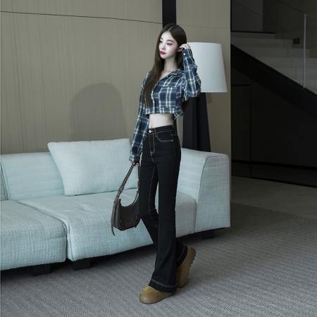 FA49751# -春秋微喇叭阔腿时尚显瘦牛仔裤女大码胖mm高腰垂感拖地裤子 服裝批發女裝批發服飾貨源