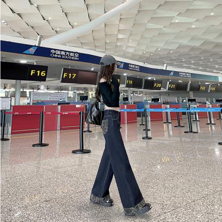 FA49752# -高腰大码款胖mm拼接豹纹阔腿牛仔裤女直筒卷边拖地长裤子 服裝批發女裝批發服飾貨源