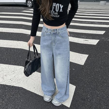 FA49753# -春秋大码梨形阔腿牛仔裤女遮肉胖mm设计感宽松拖地直筒长裤 服裝批發女裝批發服飾貨源
