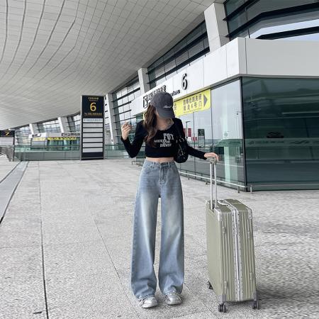 FA49753# -春秋大码梨形阔腿牛仔裤女遮肉胖mm设计感宽松拖地直筒长裤 服裝批發女裝批發服飾貨源