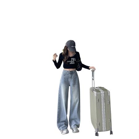 FA49753# -春秋大码梨形阔腿牛仔裤女遮肉胖mm设计感宽松拖地直筒长裤 服裝批發女裝批發服飾貨源