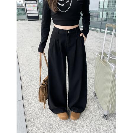 FA49754# -美式复古阔腿牛仔裤女纯色百搭宽松韩系高腰牛仔裤子 服裝批發女裝批發服飾貨源