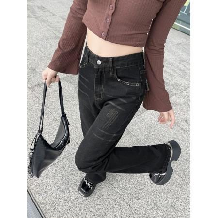 FA49757# -小个子宽松大码美式小众牛仔喇叭长裤复古修身直筒微喇裤子 服裝批發女裝批發服飾貨源