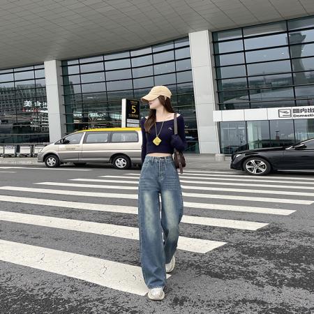 FA49758# -梨形身材遮肉大码小个子阔腿牛仔裤女胖mm宽松直筒拖地长裤 服裝批發女裝批發服飾貨源