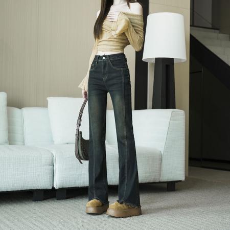 FA49759# -春秋高腰浅色微喇叭牛仔裤女毛边薄款修身设计感显瘦马蹄裤 服裝批發女裝批發服飾貨源
