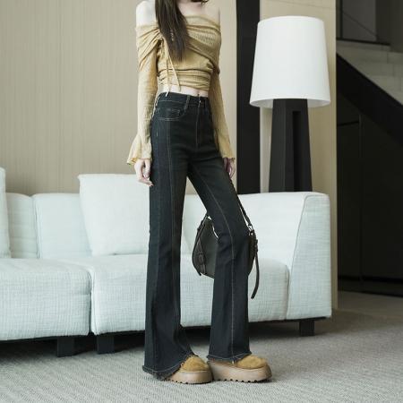 FA49759# -春秋高腰浅色微喇叭牛仔裤女毛边薄款修身设计感显瘦马蹄裤 服裝批發女裝批發服飾貨源