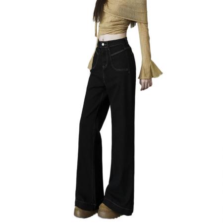 FA49760# -大码黑色微喇叭牛仔裤女梨形身材宽松高腰显瘦直筒阔腿裤女 服裝批發女裝批發服飾貨源