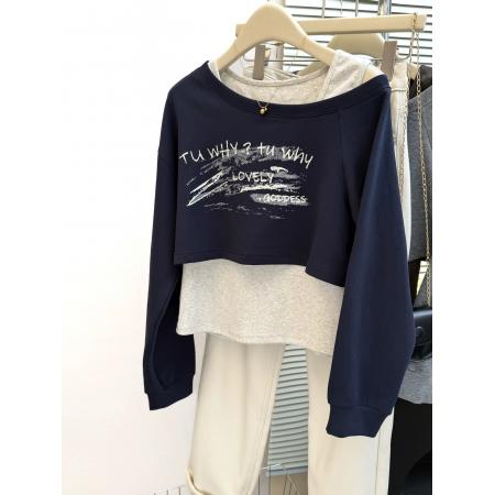 FA49761# 韩系字母印花一字肩长袖卫衣+修身背心套装女秋季新款两件套 服裝批發女裝批發服飾貨源