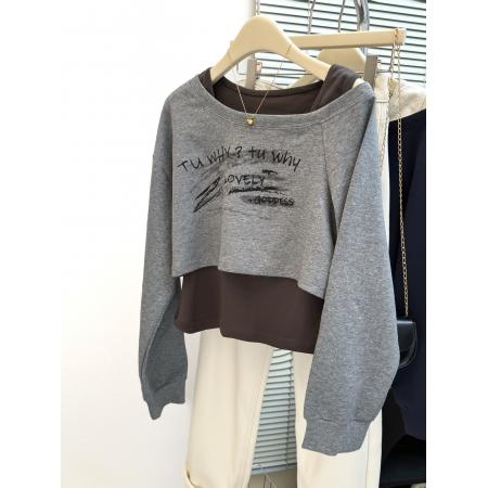 FA49761# 韩系字母印花一字肩长袖卫衣+修身背心套装女秋季新款两件套 服裝批發女裝批發服飾貨源