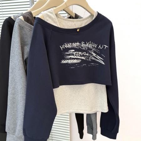 FA49761# 韩系字母印花一字肩长袖卫衣+修身背心套装女秋季新款两件套 服裝批發女裝批發服飾貨源