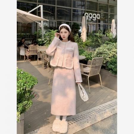 FA49762# 秋冬装搭配一整套粉色小香风套装女高级感毛绒短外套半身裙两件套 服裝批發女裝批發服飾貨源