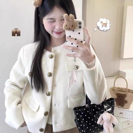 FA49763# 富家千金白色小香风毛呢外套秋冬款小个子高级感宽松百搭上衣 服裝批發女裝批發服飾貨源