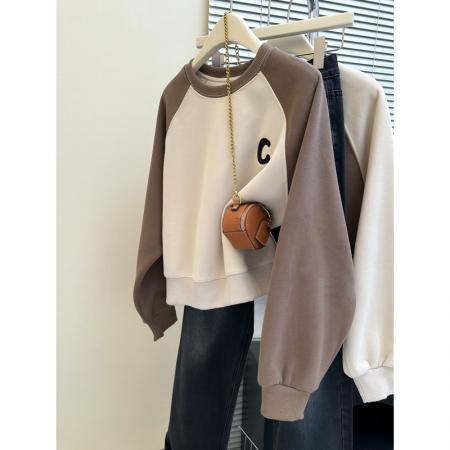 FA49765# 字母刺绣撞色长袖卫衣女秋冬装加绒加厚宽松短款正肩上衣潮牌 服裝批發女裝批發服飾貨源