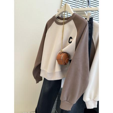 FA49765# 字母刺绣撞色长袖卫衣女秋冬装加绒加厚宽松短款正肩上衣潮牌 服裝批發女裝批發服飾貨源