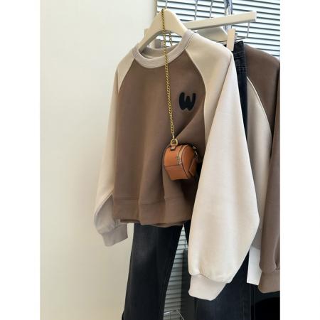 FA49765# 字母刺绣撞色长袖卫衣女秋冬装加绒加厚宽松短款正肩上衣潮牌 服裝批發女裝批發服飾貨源