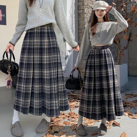 FA49768# 毛呢格子半身裙女秋冬高腰显瘦a字裙休闲中长款百褶裙 服裝批發女裝批發服飾貨源