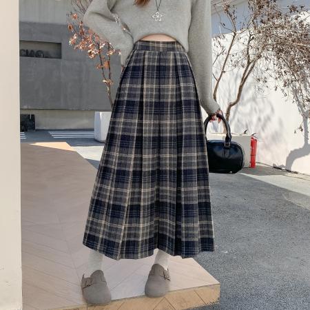 FA49768# 毛呢格子半身裙女秋冬高腰显瘦a字裙休闲中长款百褶裙 服裝批發女裝批發服飾貨源
