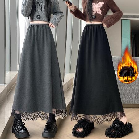 FA49769# 韩版毛呢加绒拼蕾丝花边半身裙女秋冬季垂感显瘦遮跨A字大摆长裙 服裝批發女裝批發服飾貨源