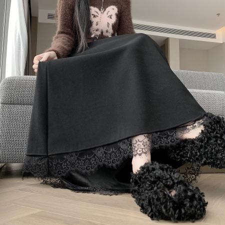 FA49769# 韩版毛呢加绒拼蕾丝花边半身裙女秋冬季垂感显瘦遮跨A字大摆长裙 服裝批發女裝批發服飾貨源