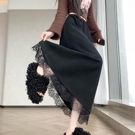 FA49769# 韩版毛呢加绒拼蕾丝花边半身裙女秋冬季垂感显瘦遮跨A字大摆长裙 服裝批發女裝批發服飾貨源