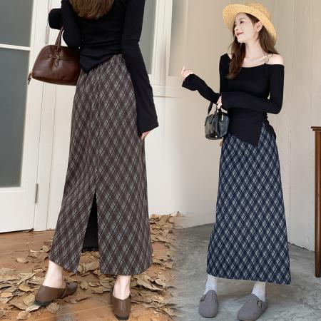 FA49770# 复古格子开叉直筒裙秋冬新款高腰显瘦遮胯百搭中长裙包臀裙 服裝批發女裝批發服飾貨源