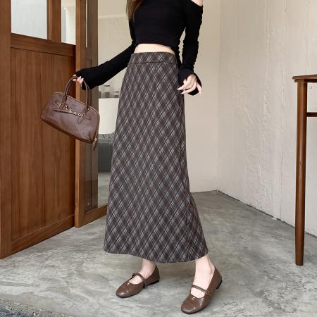 FA49770# 复古格子开叉直筒裙秋冬新款高腰显瘦遮胯百搭中长裙包臀裙 服裝批發女裝批發服飾貨源