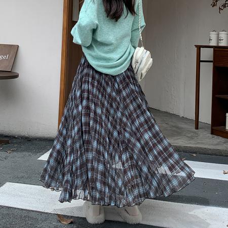 FA49771# 秋冬新款复古格纹网纱不规则半身裙显瘦垂感层次中长款A字长裙女 服裝批發女裝批發服飾貨源