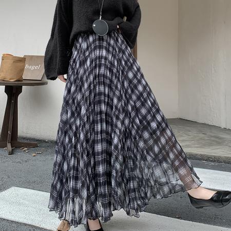 FA49771# 秋冬新款复古格纹网纱不规则半身裙显瘦垂感层次中长款A字长裙女 服裝批發女裝批發服飾貨源
