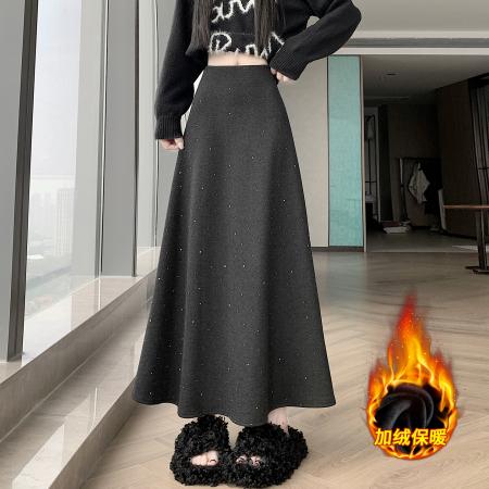 FA49772# 法式温柔重工烫钻羊绒加绒半身裙女秋冬满天星闪闪加厚a字长裙 服裝批發女裝批發服飾貨源