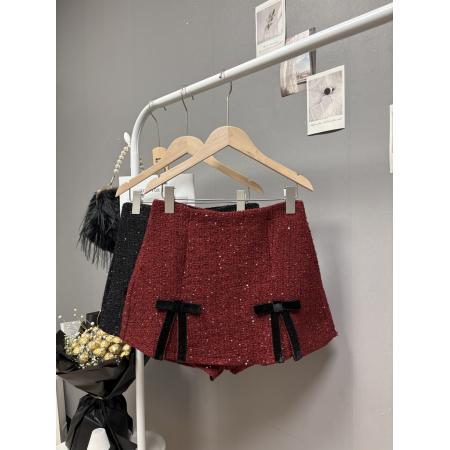 FA49774# 秋冬新款圣诞氛围感网红半身裙裤裙蝴蝶结亮片毛呢短裙 服裝批發女裝批發服飾貨源