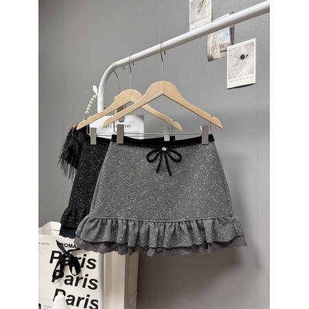 FA49776# 秋冬新款法式小香风蝴蝶结钉珠闪闪毛呢半身裙荷叶边短裙 服裝批發女裝批發服飾貨源